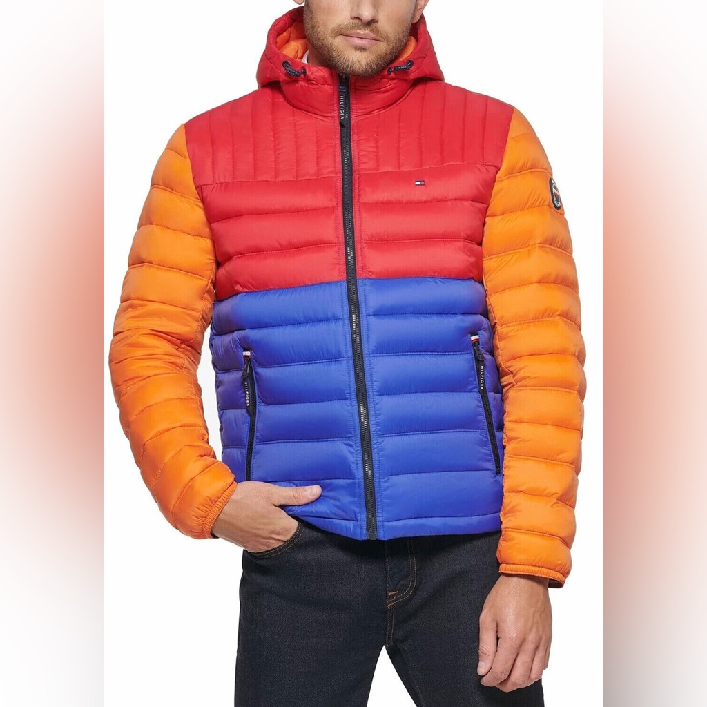 Tommy Hilfiger Mens Quilted Colorblock Hooded Puffer Jacket Size Small
